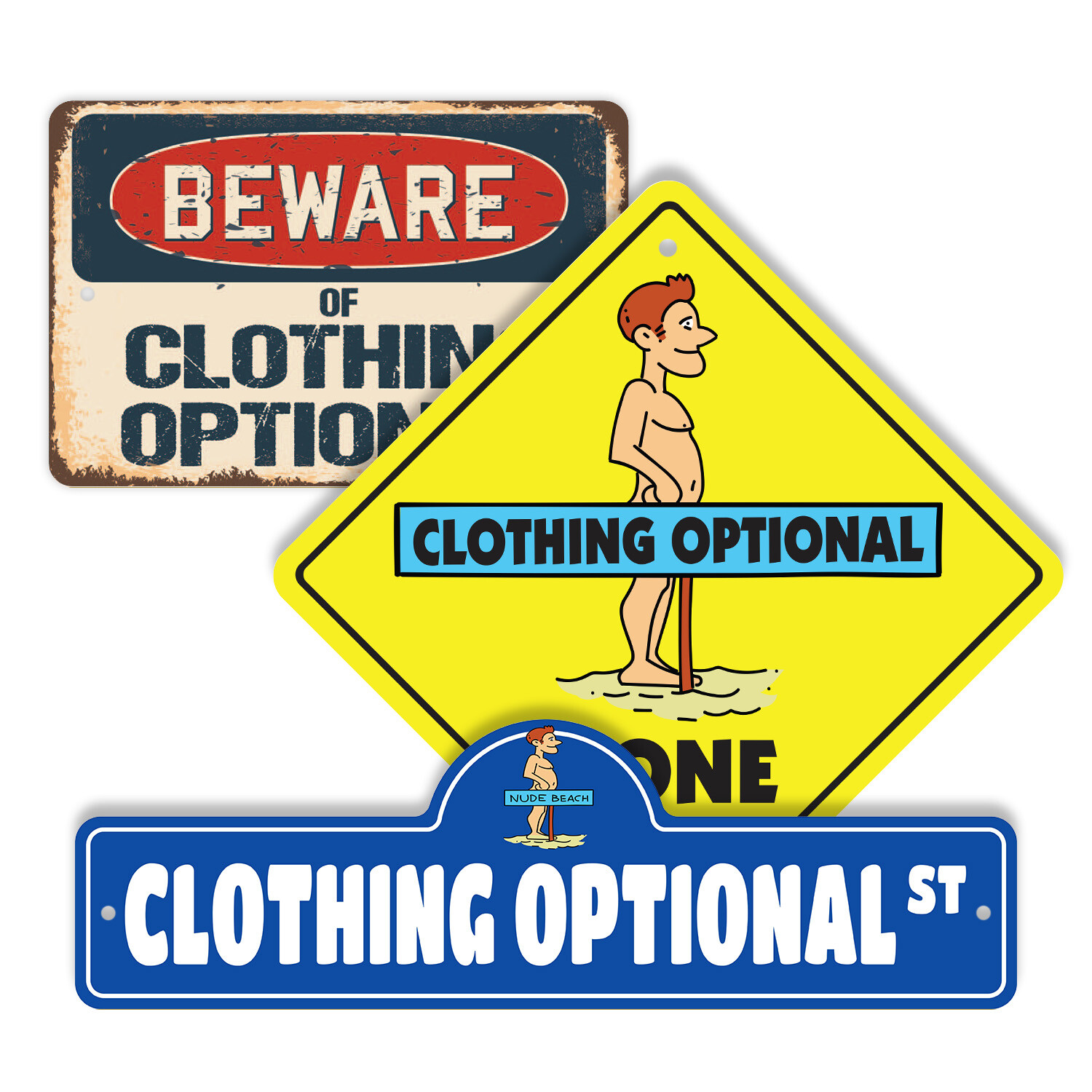 Clothing Optional (3 Pack) Plastic Street Sign Crossing Warning Vintage Rustic