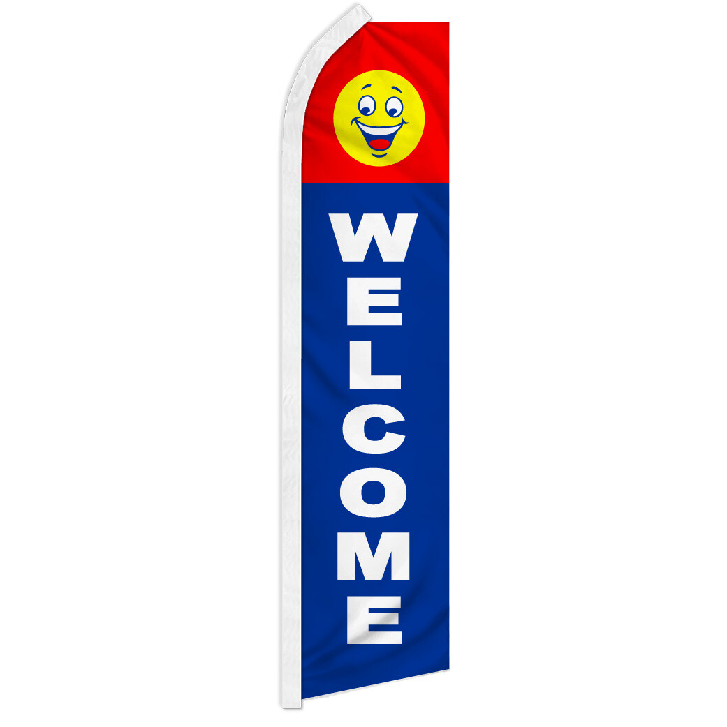 Welcome Advertising Swooper Feather Flutter Flag Open Sign RD/BL