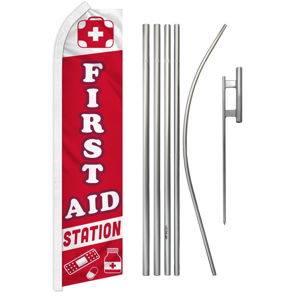 “FIRST AID STATION” Advertising Super Flag & Pole Kit emergency service hospital