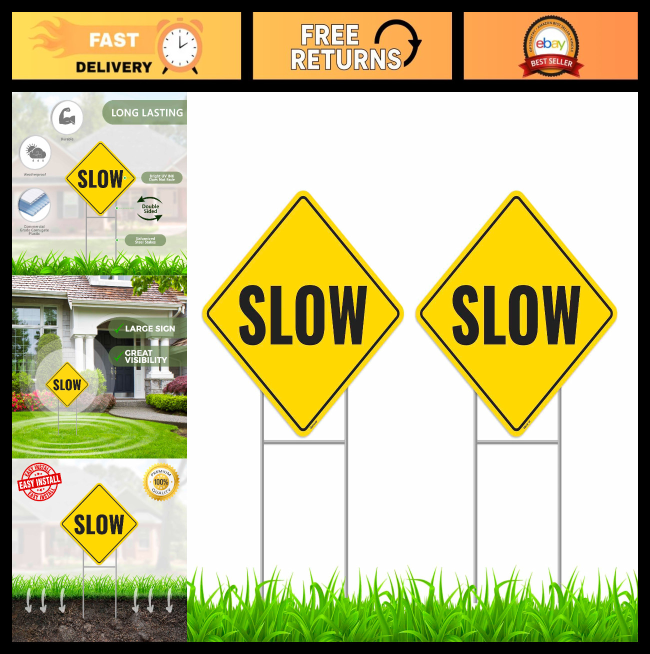 2PC Slow Down Yard Sign with Stakes – 13″x13″ Corrugated Plastic – Traffic Safet