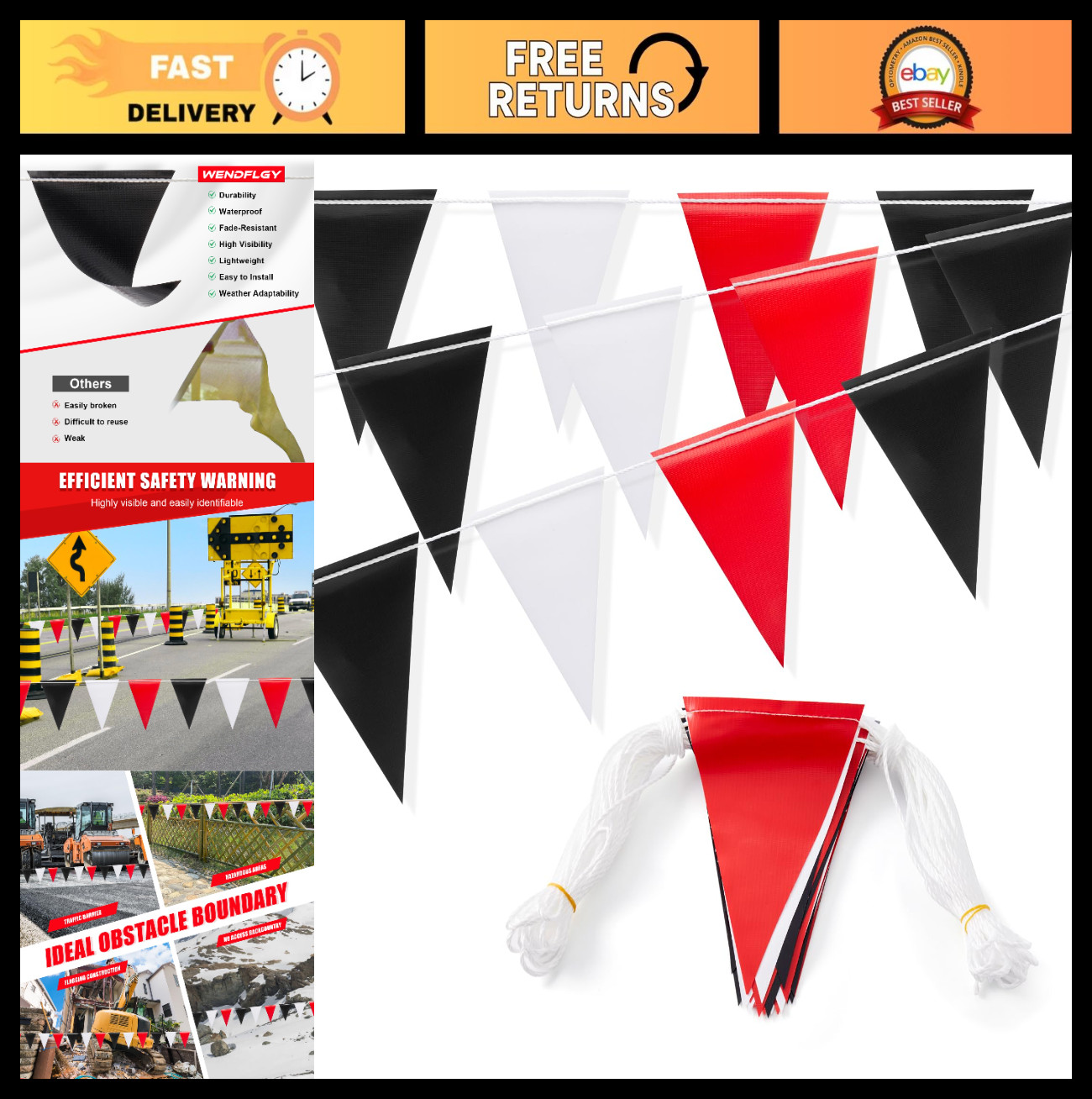 Multipurpose Safety Pennant Flags – 105FT OSHA Warning Banner for Events, Constr