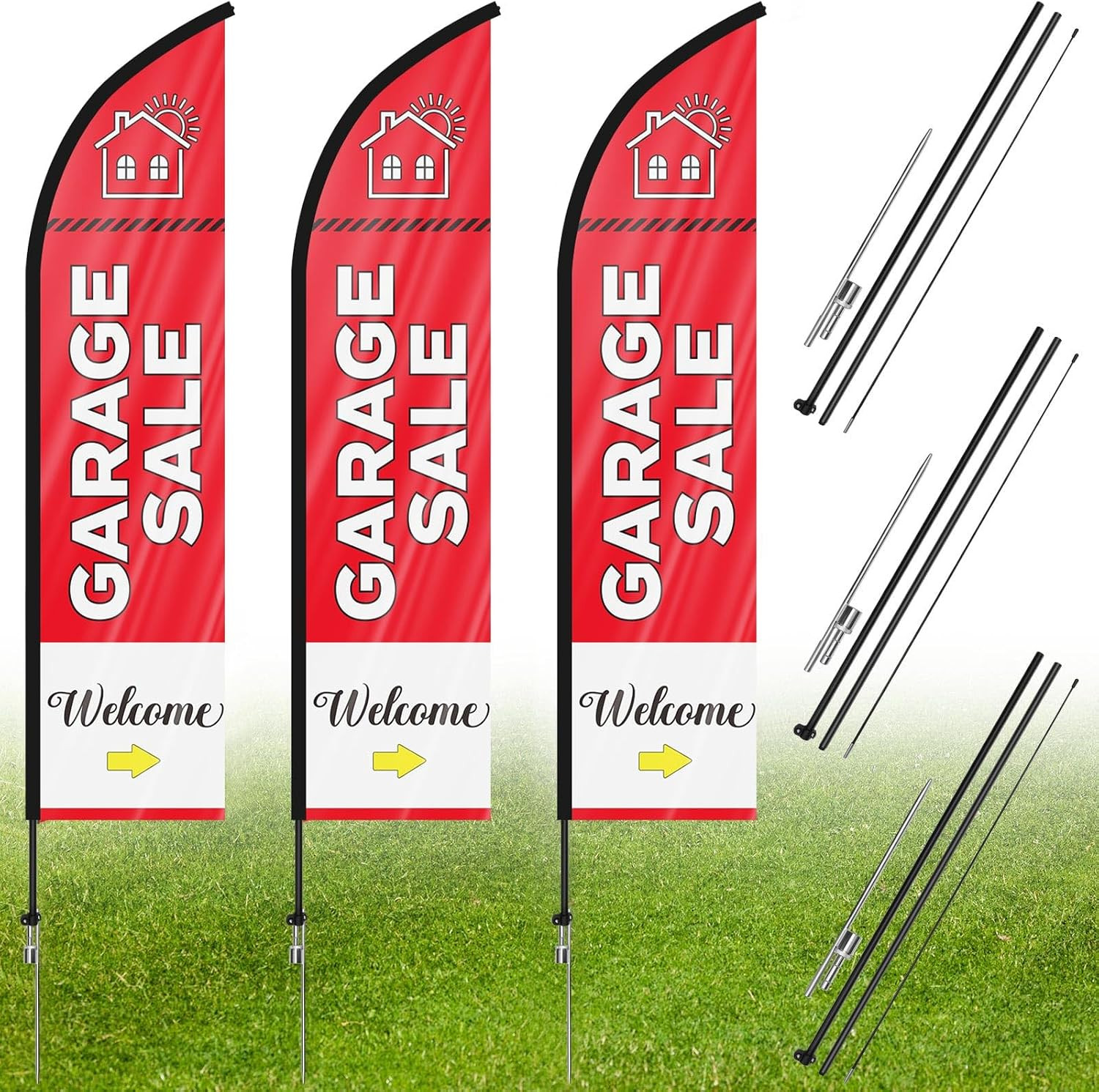 Preboun 3 Sets Garage Sale Signs Feather Flags Pole Kit with Flagpoles Ground St