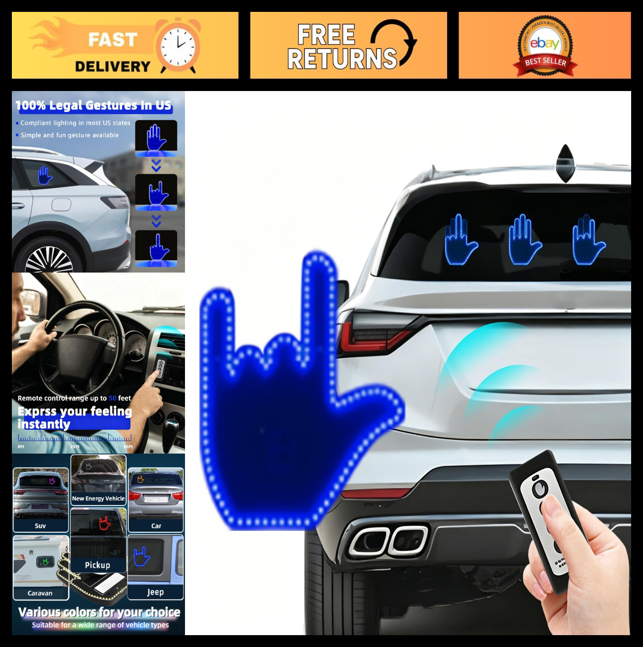 Funny Middle Finger Car Light – LED Gesture Sign for Road Rage, Remote Control,