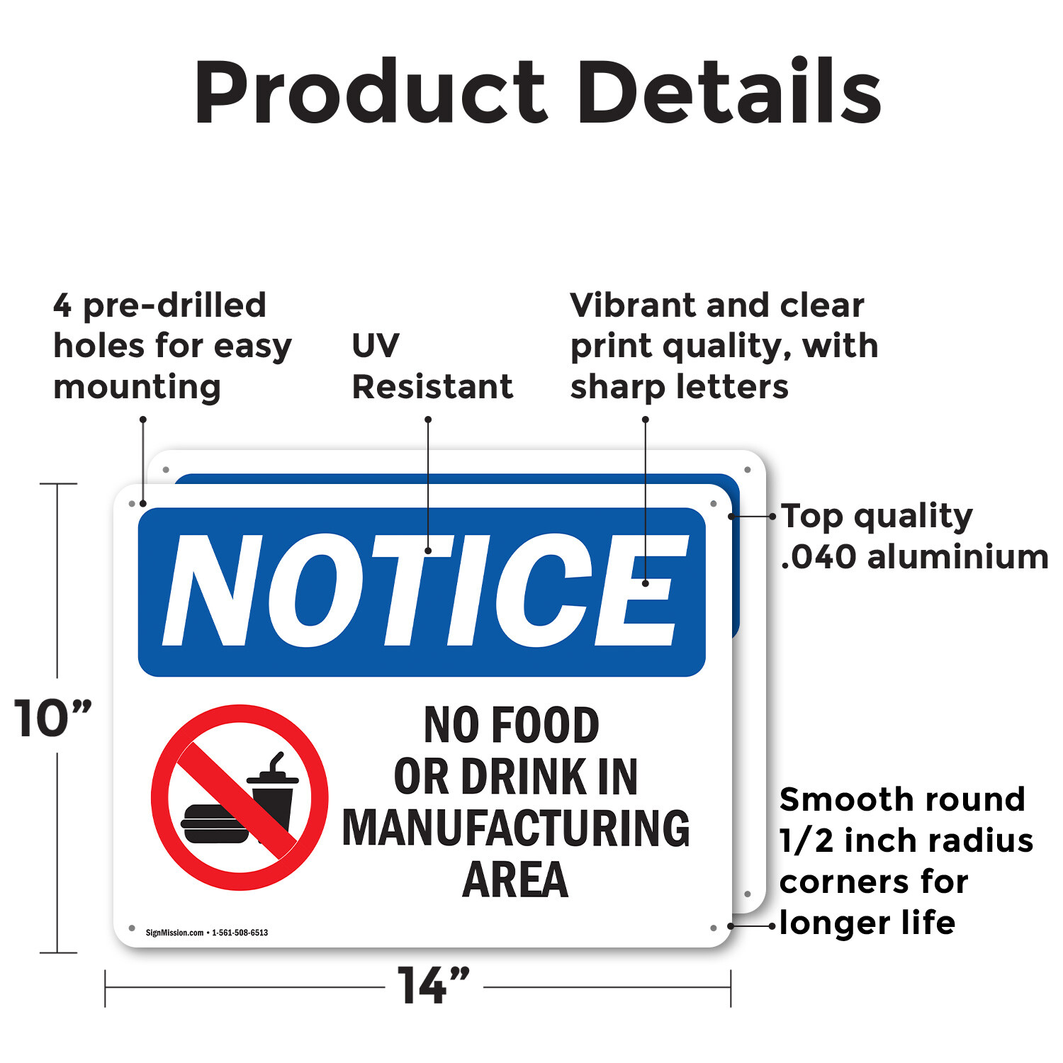 (2 Pack) No Food Or Drink In Manufacturing Area OSHA Notice Sign Decal Metal