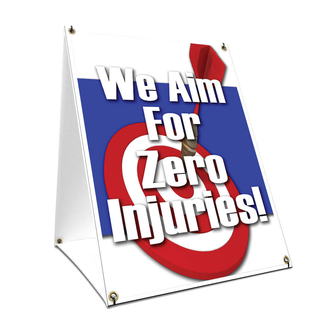 A-frame Sidewalk We Aim For Zero Injuries Sign With Graphics On Each Side