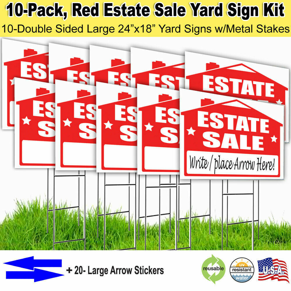 10 Pack ‘ESTATE SALE’ 18×24 Yard / Lawn Sign Kits
