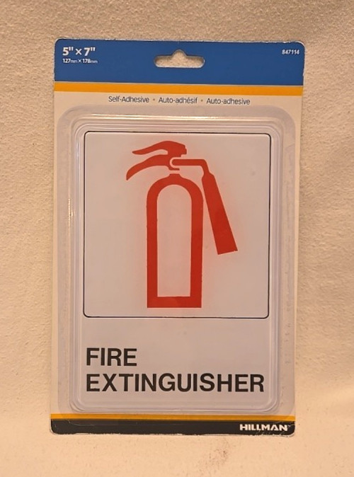 FIRE EXTINGUISHER 5″ x 7″ Hillman Plastic Self Stick Visual Sign. * NEW *