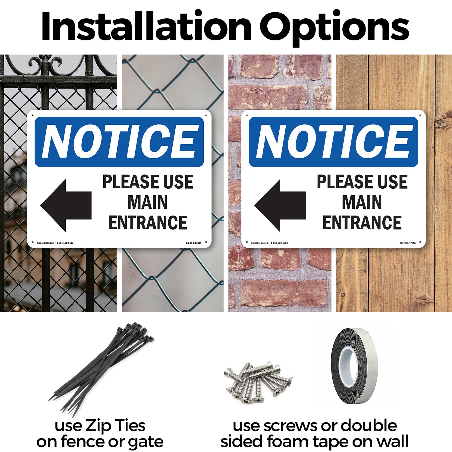Please Use Main Entrance [Left Arrow] OSHA Notice Sign Or Decal – 5 or 10 Pack