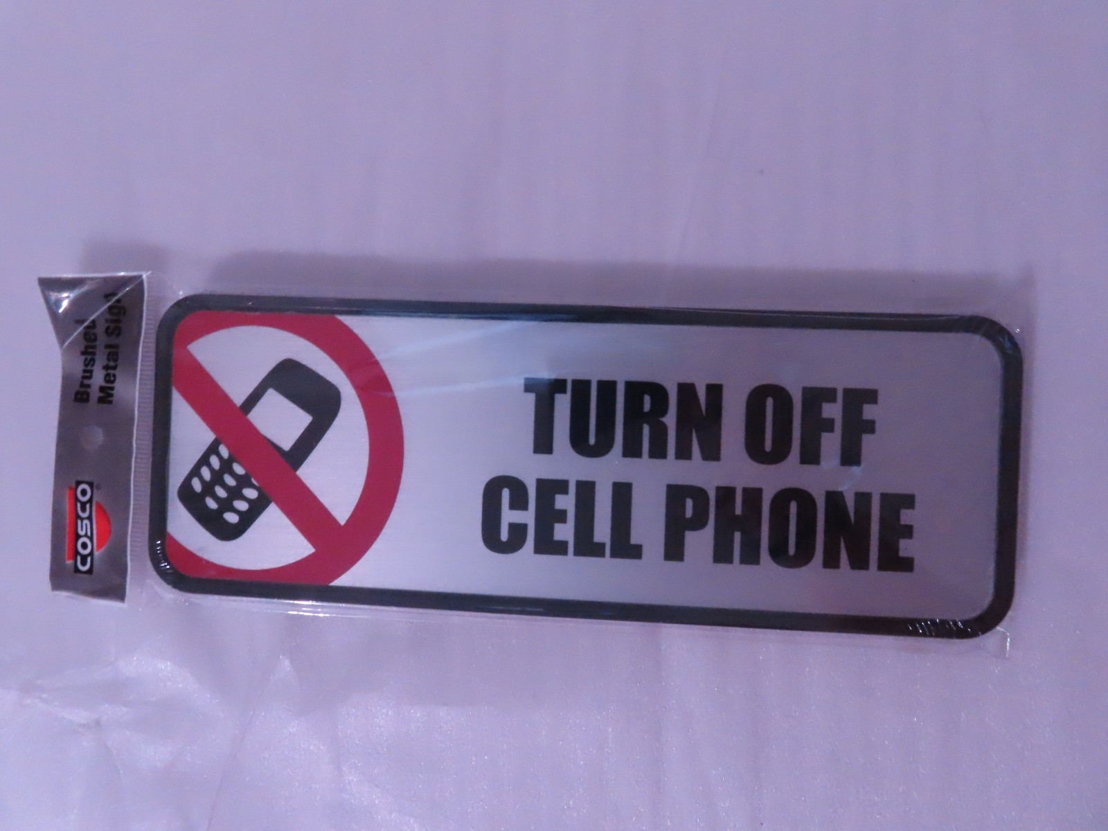 Lot of 2 COSCO Brushed Metal Office Sign, Turn Off Cell Phone, 9 x 3