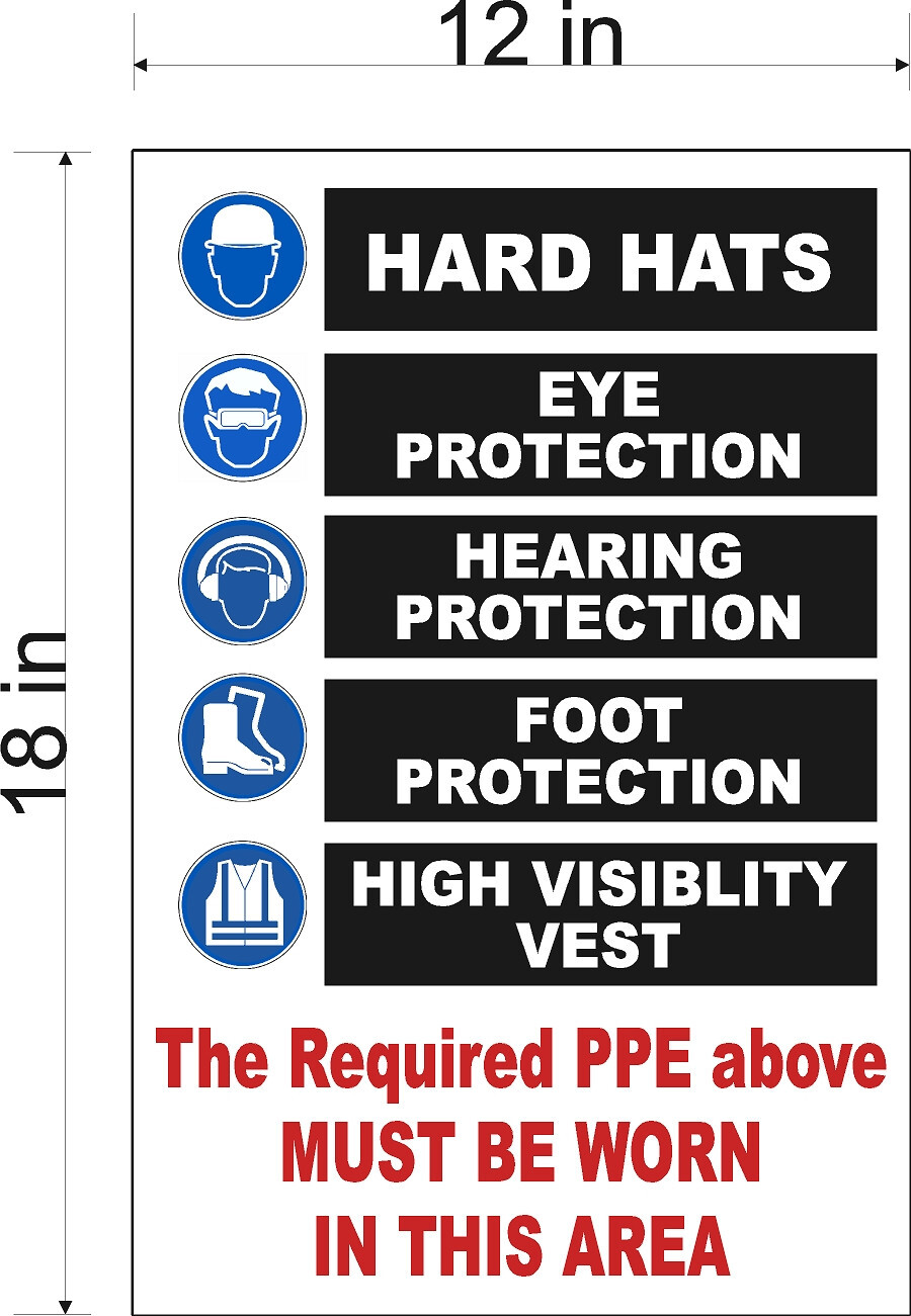 12″ x 18″ PVC SIGN SAFETY REQUIREMENTS 5 ITEM LIST EYE HEARING VEST BOOTS PPE..