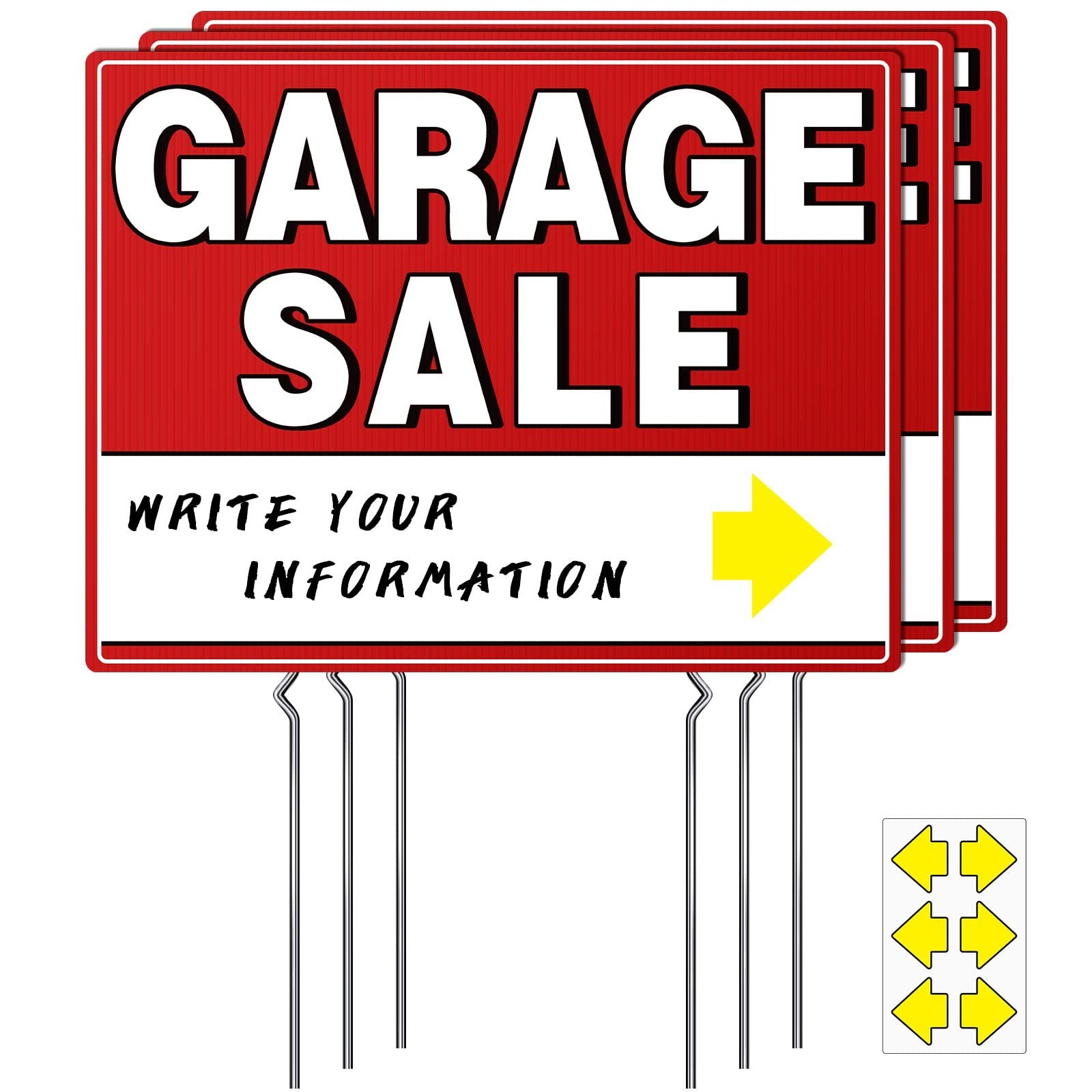 17×13 Double-Sided Garage Sale Signs with Stakes & Arrow Stickers – 3 Pack, Weat