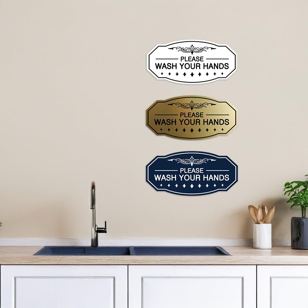 Victorian Please Wash Your Hands Sign (Navy Blue / White) – Medium 4″ X 8″