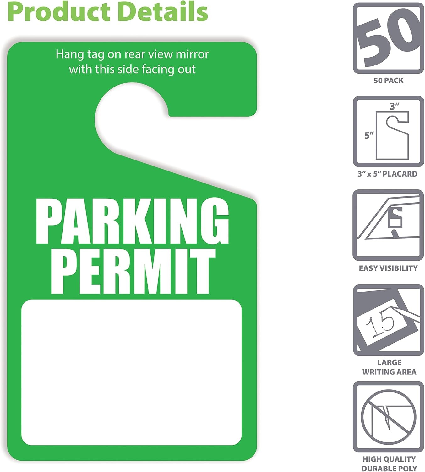 Better Office Products Green Parking Permit Hang Tags, 50 Pack, Poly Plastic