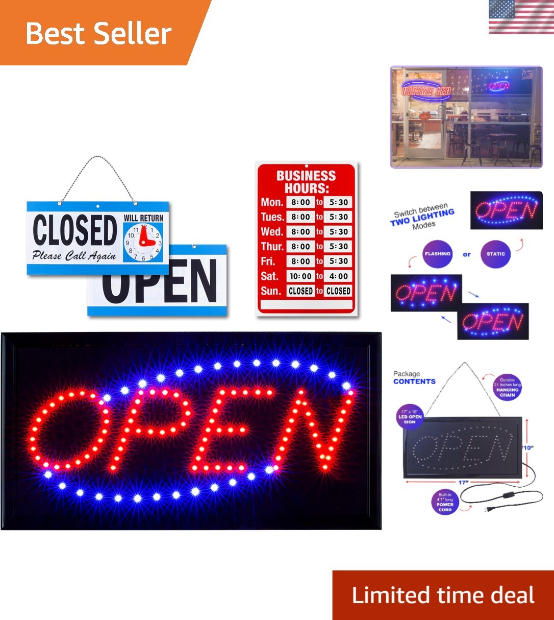 Energy Efficient Open Sign – Easy Install Wall Mount with Closed Sign Included