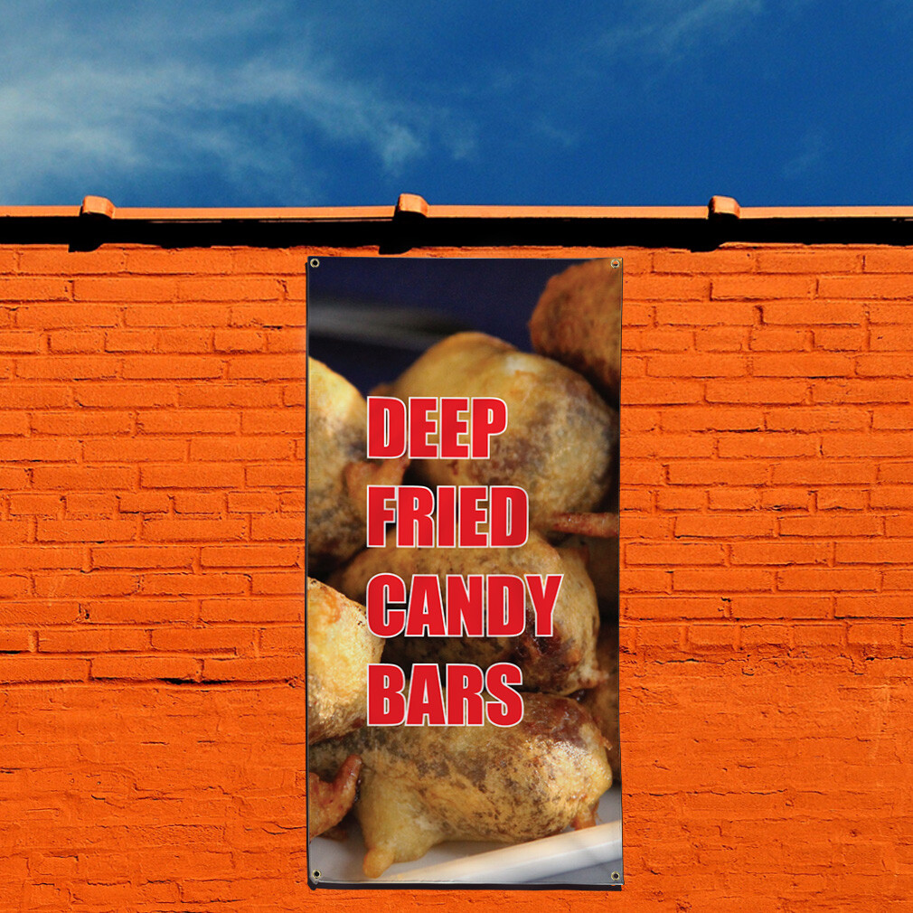 Vertical Vinyl Banner Multiple Sizes Deep Fried Candy Bars Food and Drink Retail