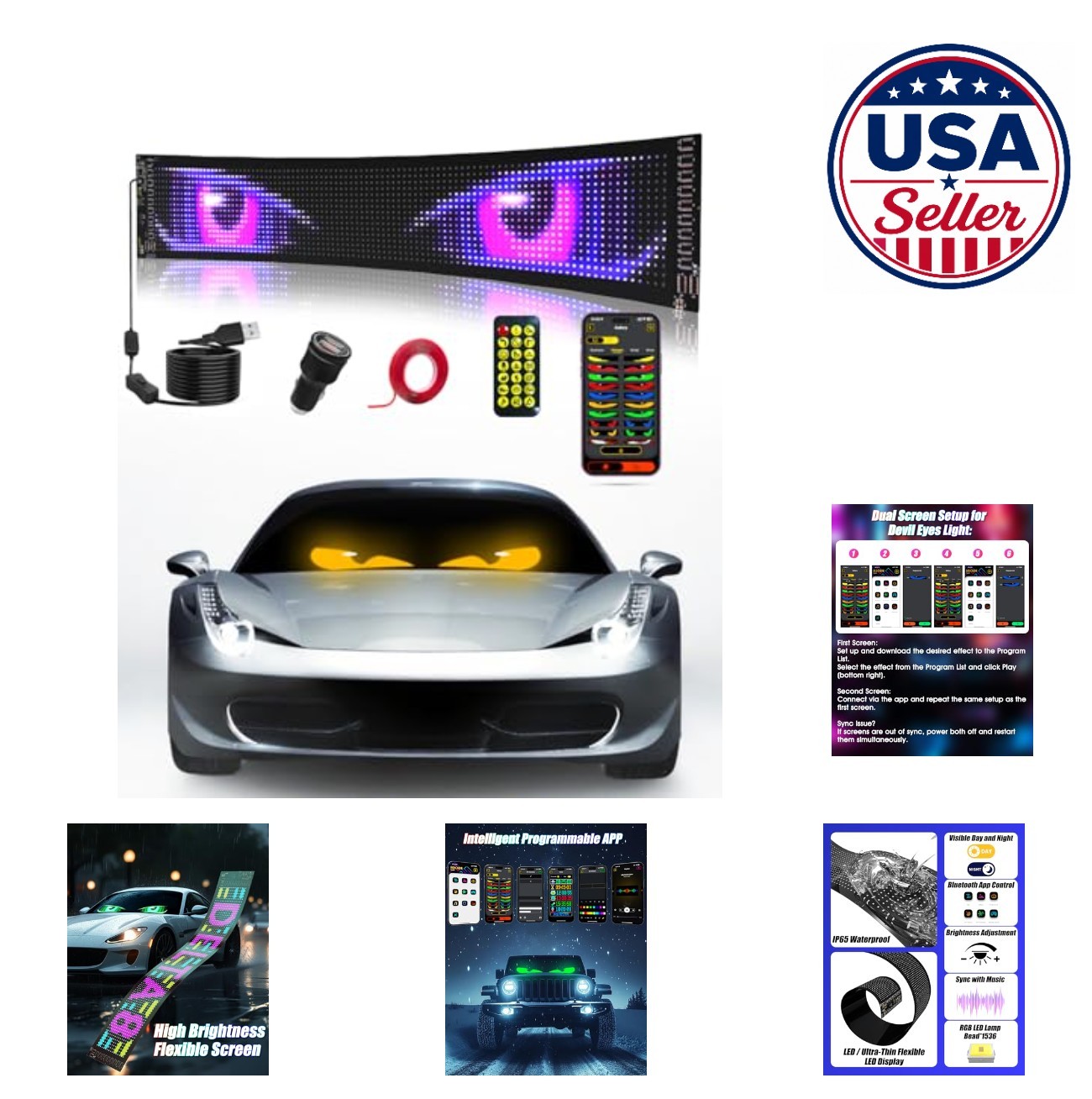 Programmable LED Sign 23.4×4.7 Inch APP Remote Control 5V USB Car Windshield