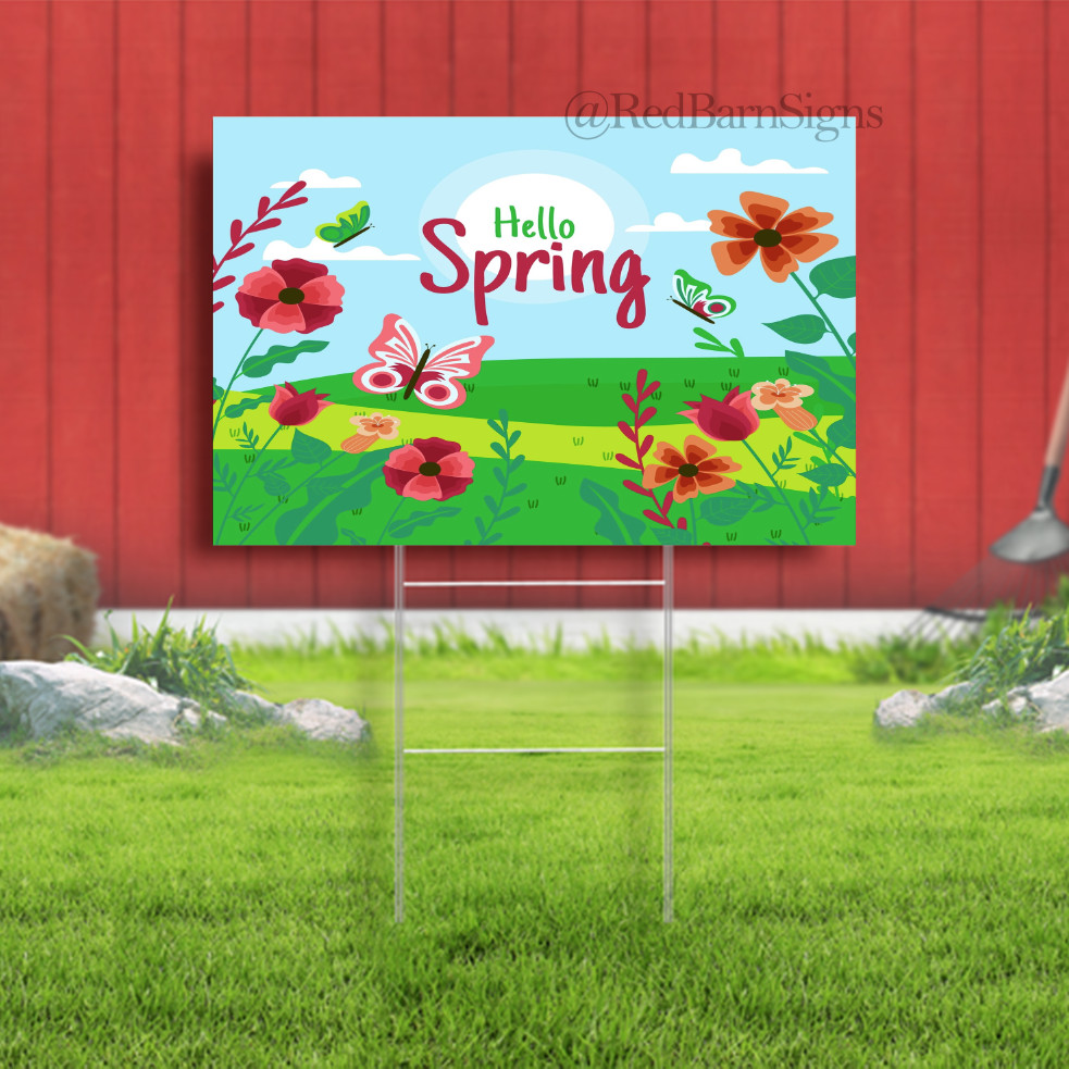 Hello Spring flowers butterfly Indoor Outdoor Yard Signs with Metal Stakes