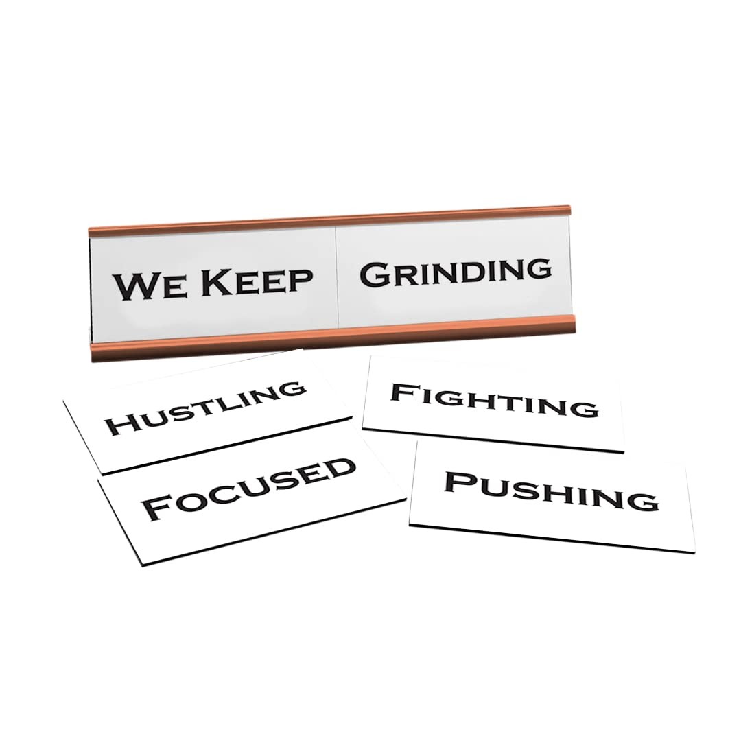 Motivational We Keep Working Word Play Nameplate, Rose Gold Frame, 6 Tiles 2×8″