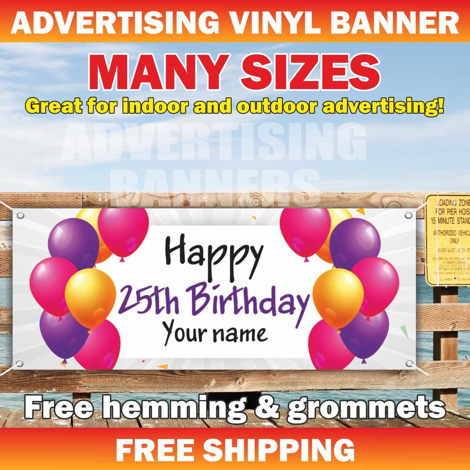 Happy 25th Birthday Advertising Banner Vinyl Sign Custom Name Text Event Holiday