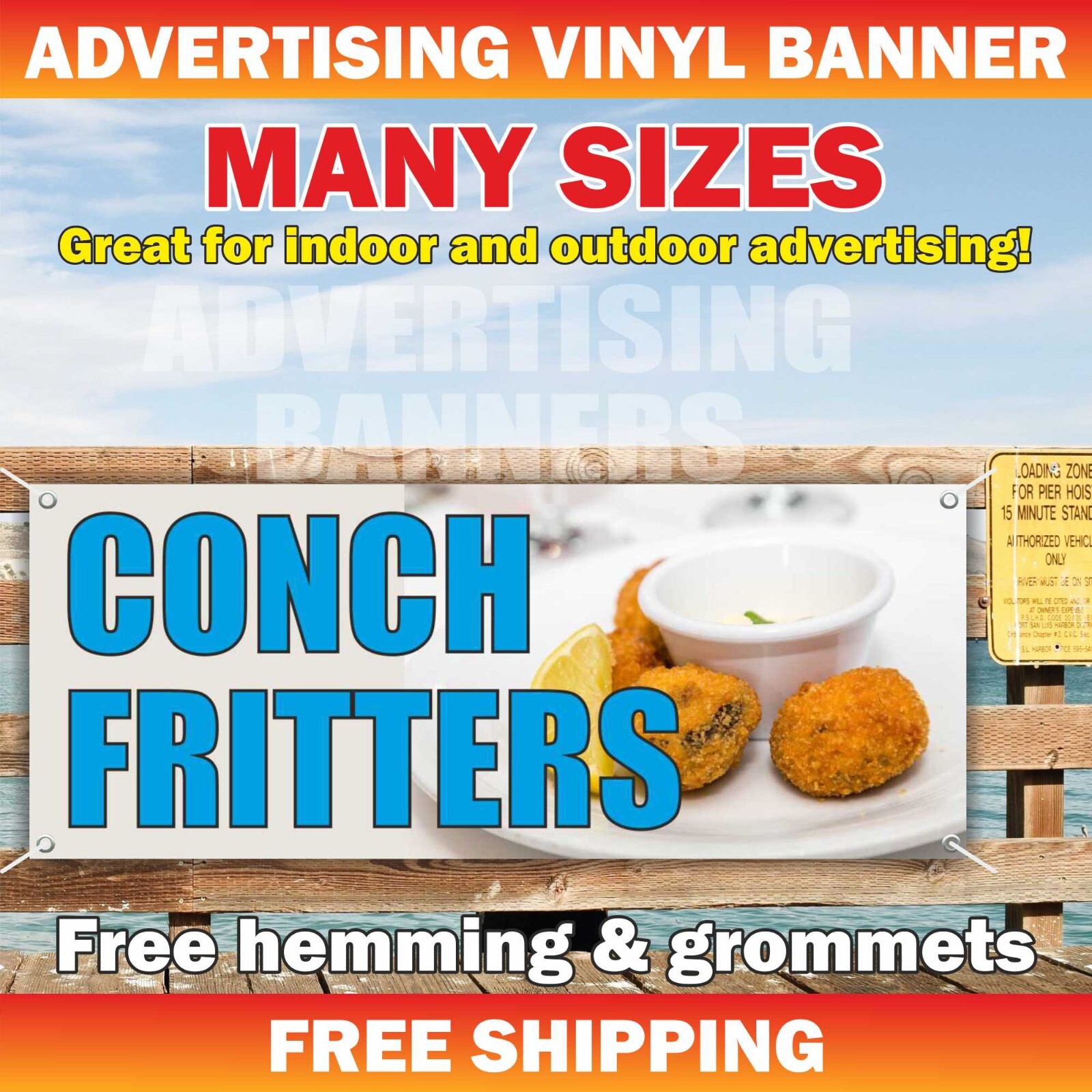 CONCH FRITTERS Advertising Banner Vinyl Mesh Sign Whole Seafood Fish Market Shop