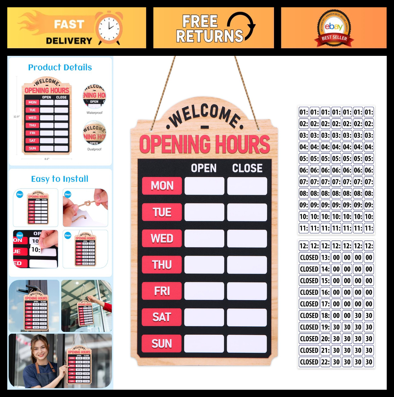 Open Close Business Hours Sign – 12.9″x8.6″ Glass Door Hours of Operation for Re