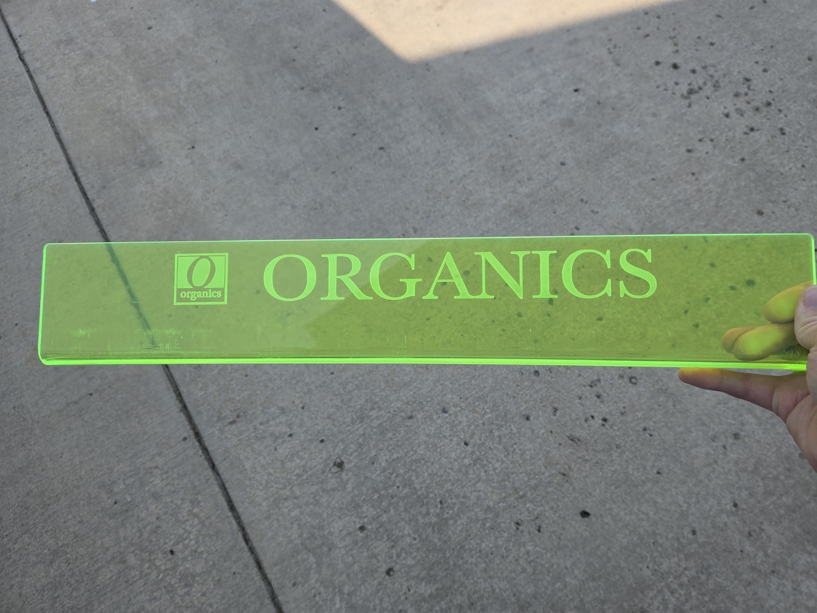 Organics Fluorescent Green Acrylic Shelf Store Display Sign 21″ x 3″