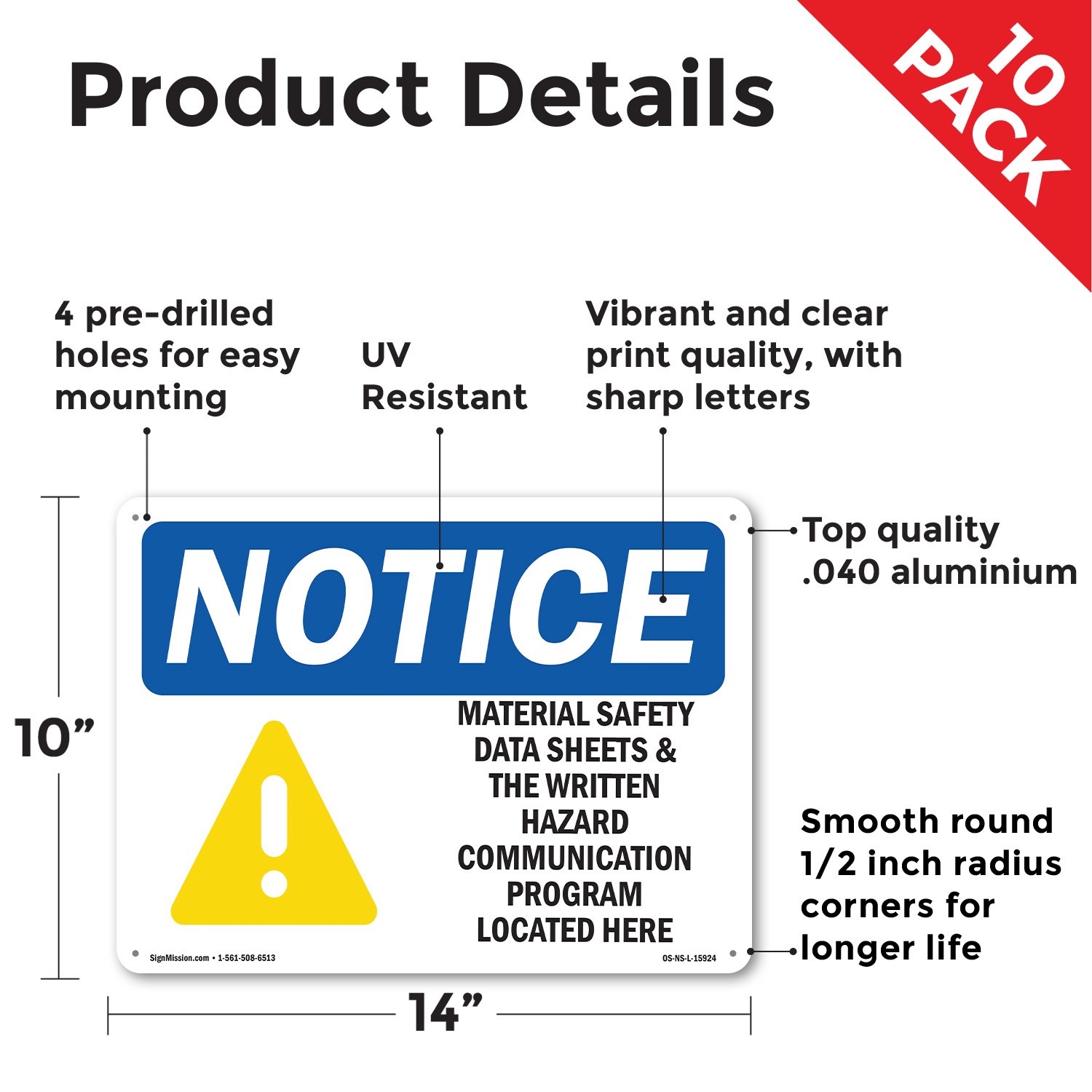 Material Safety Data Sheets Hazard Program OSHA Notice Sign, Decal 5 or 10 Pack