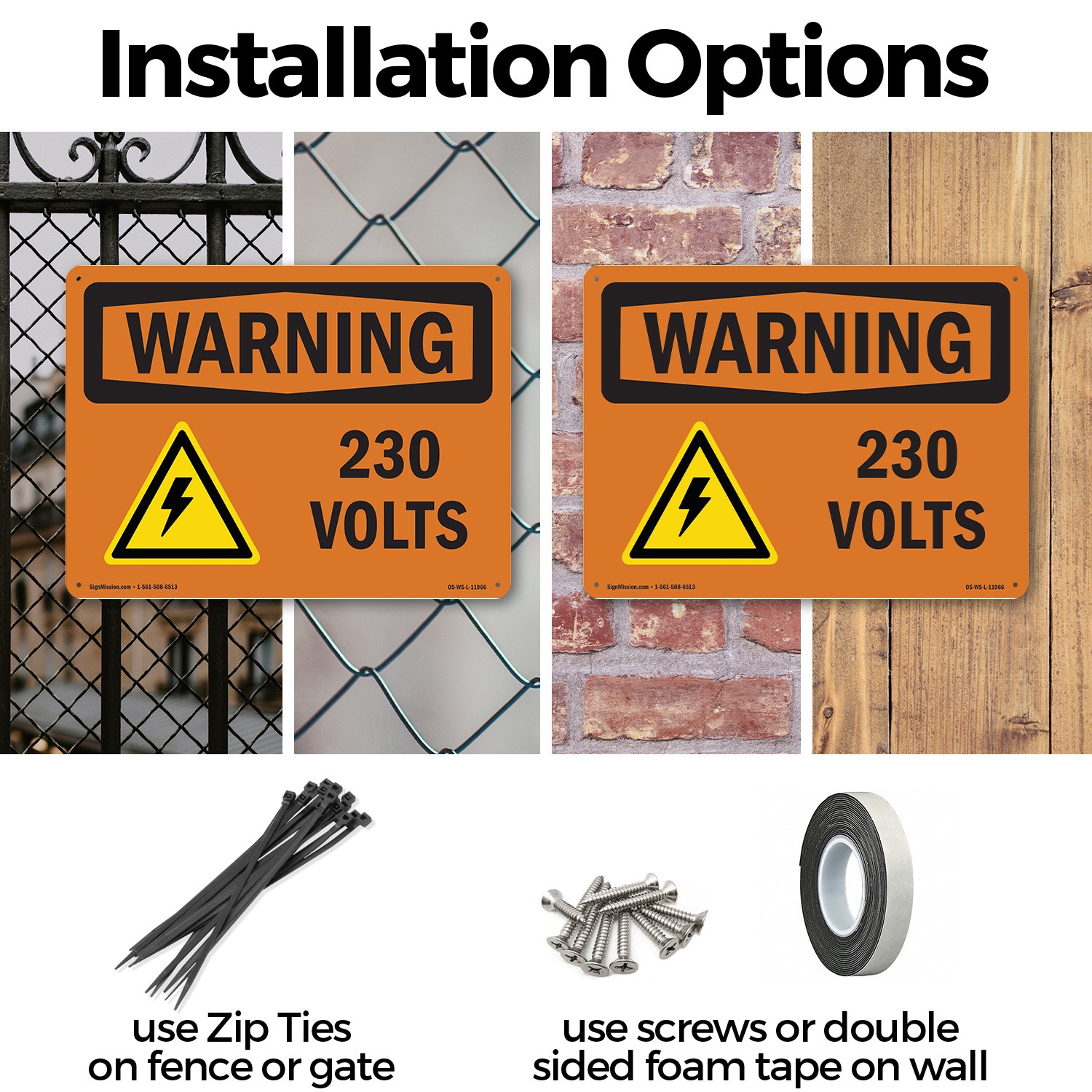 230 Volts With Symbol OSHA WARNING Sign Metal, Plastic, Or Decal – 5 or 10 Pack