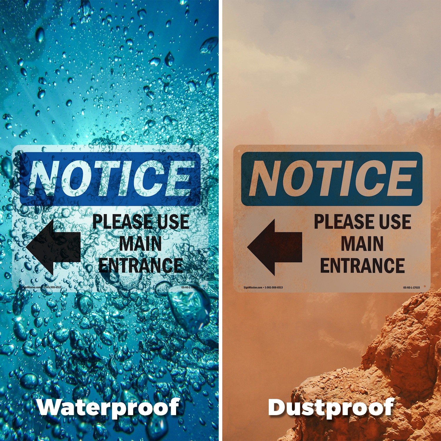 Please Use Main Entrance [Left Arrow] OSHA Notice Sign Or Decal – 5 or 10 Pack