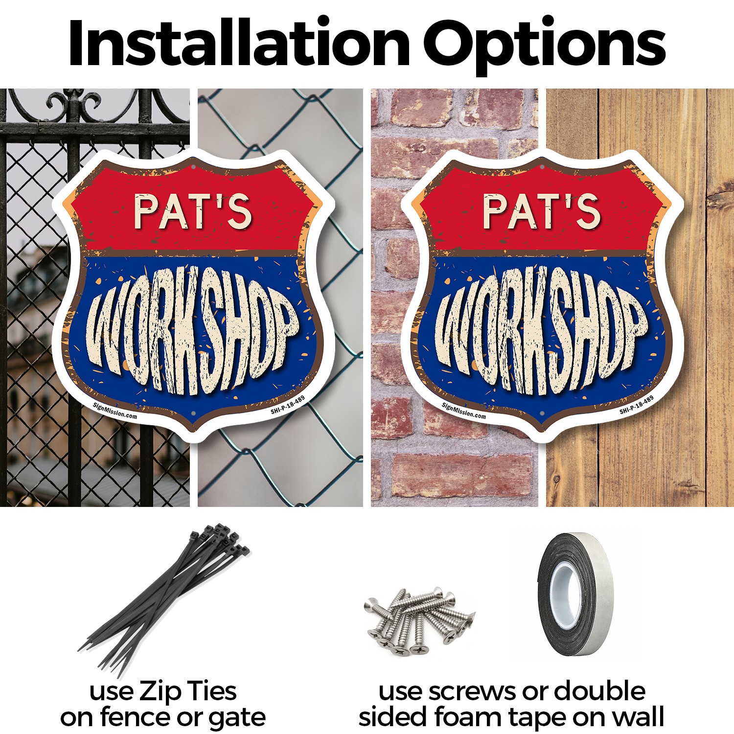 Pat’s Workshop Shield Shaped Sign Weather Resistant Crafted in the USA