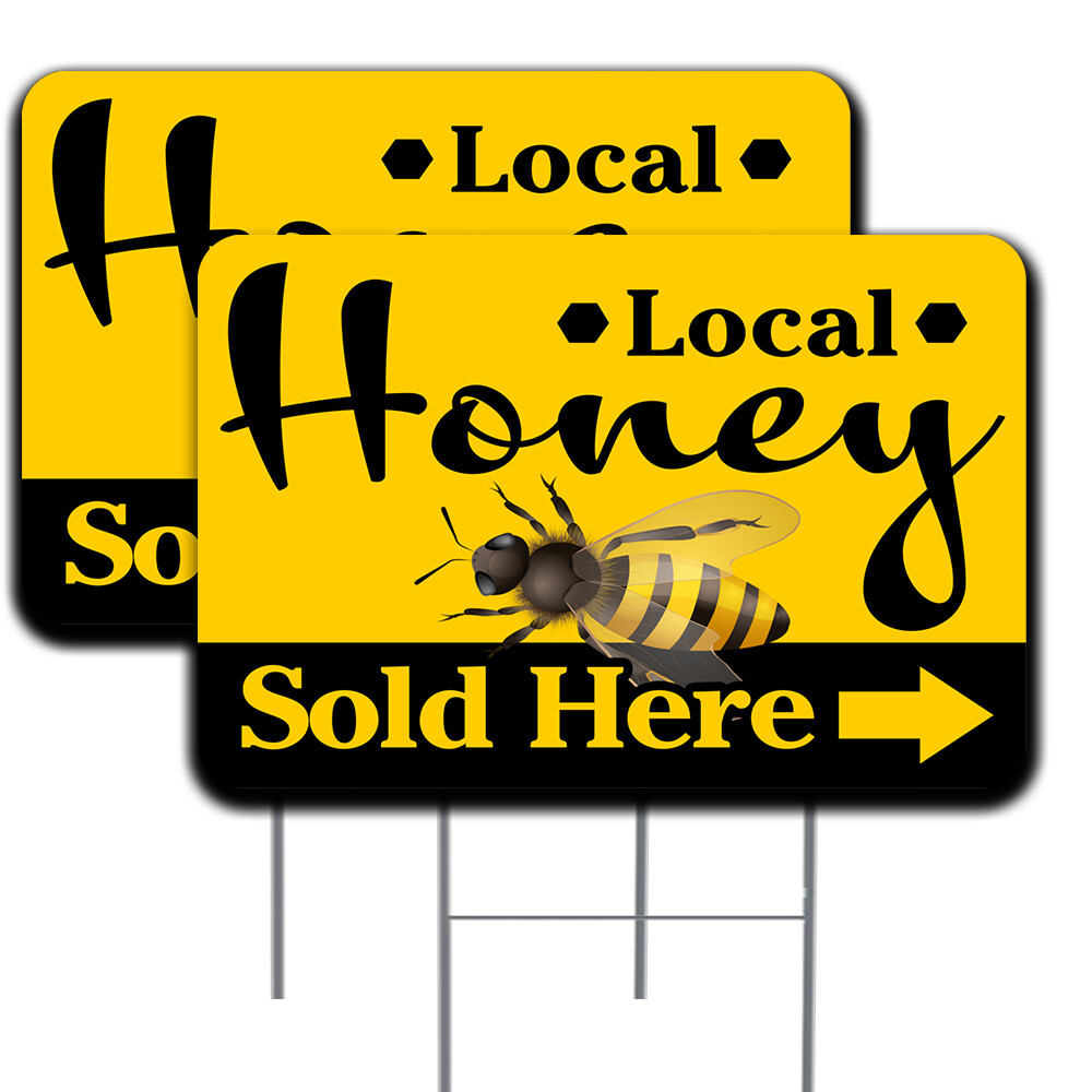 Local Honey (Arrow) 2 Pack 16×24 Inch Sign with Metal Stakes (Made in the USA)