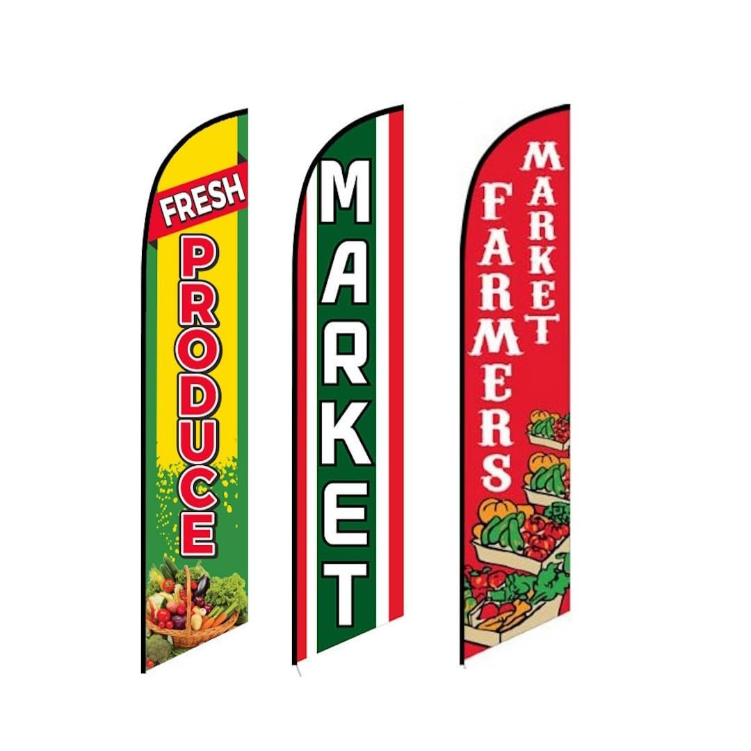 3 (three) Pack Tall Windless Flags Full Sleeve Fresh Produce Market and…