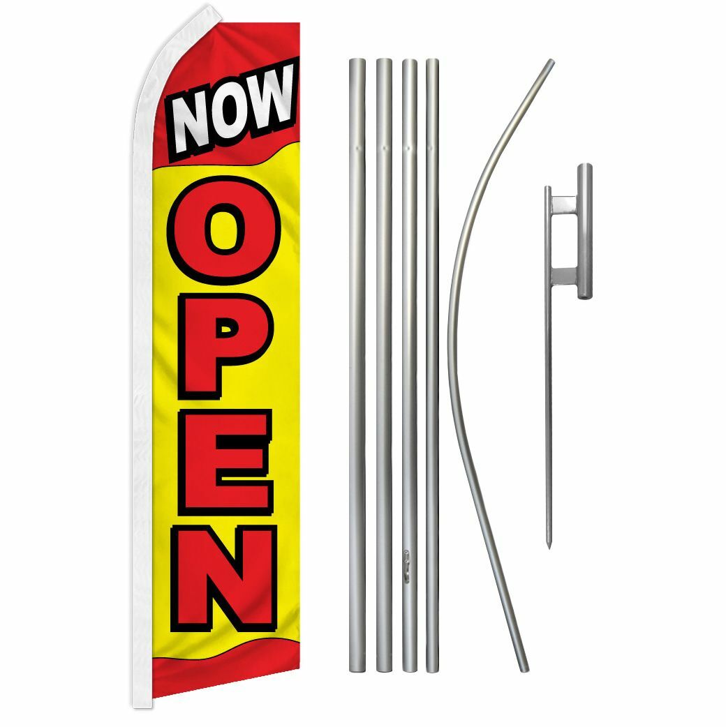 “NOW OPEN” Advertising Super Flag & Pole Kit red & yellow