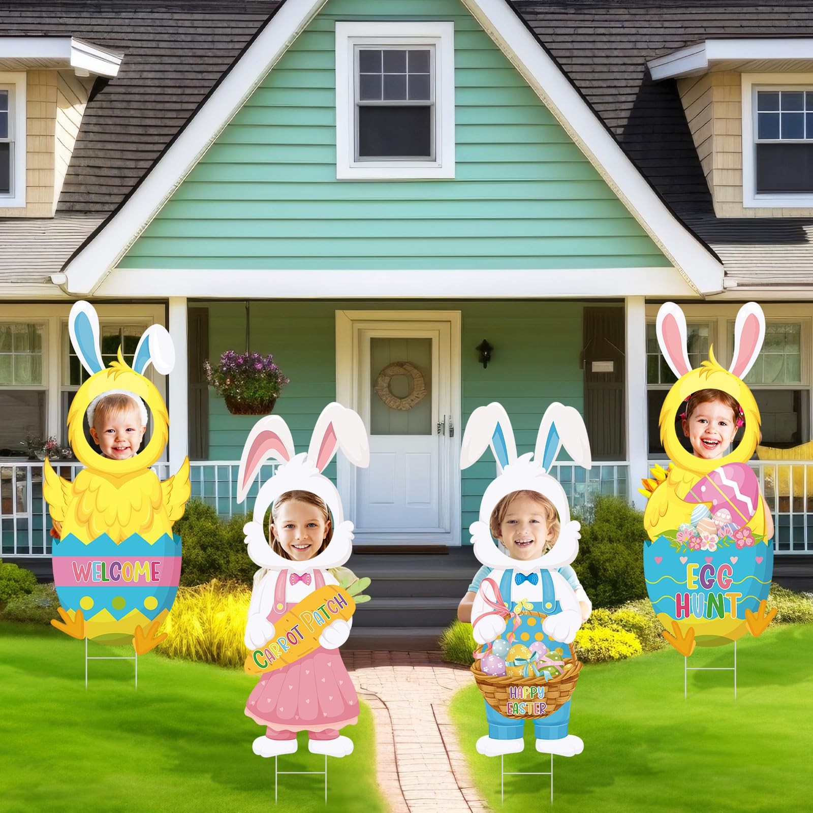 Chunful 4 Pcs Easter Bunny Chick Lawn Sign with Stakes Waterproof Garden Decor