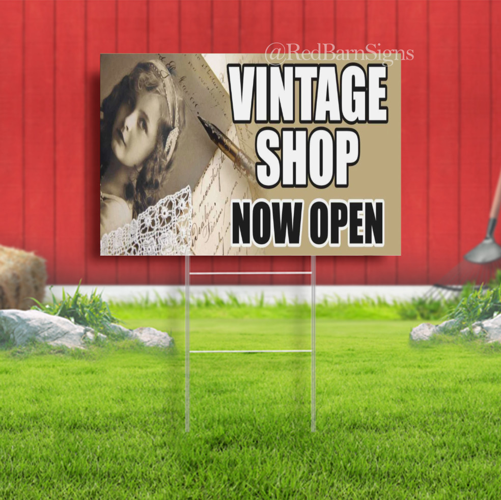 VINTAGE SHOP OPEN ANTIQUE STORE COLLECTIBLES Indoor Outdoor Yard Sign with metal