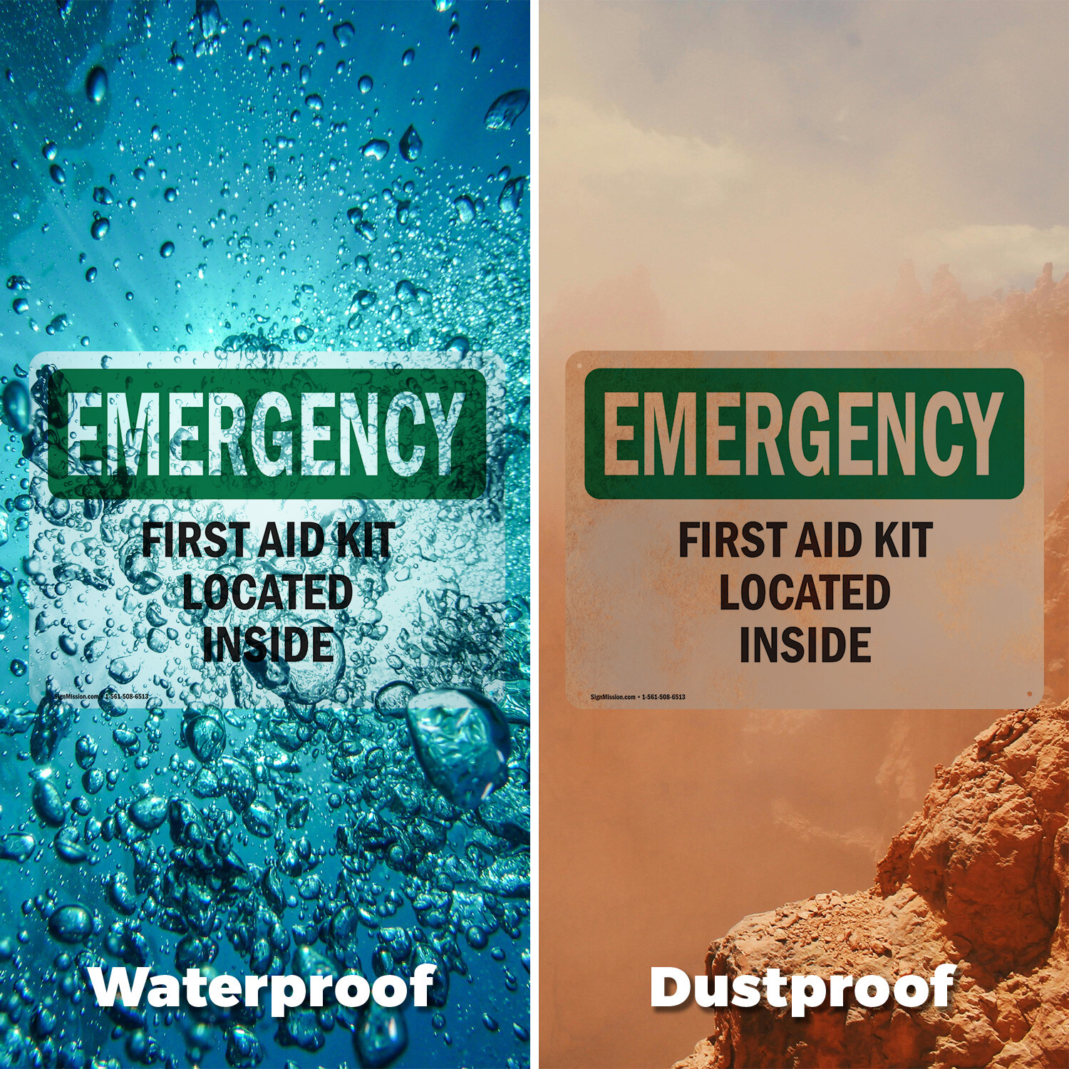 (2 Pack) First Aid Kit Located Inside OSHA Emergency Sign Decal Metal Plastic