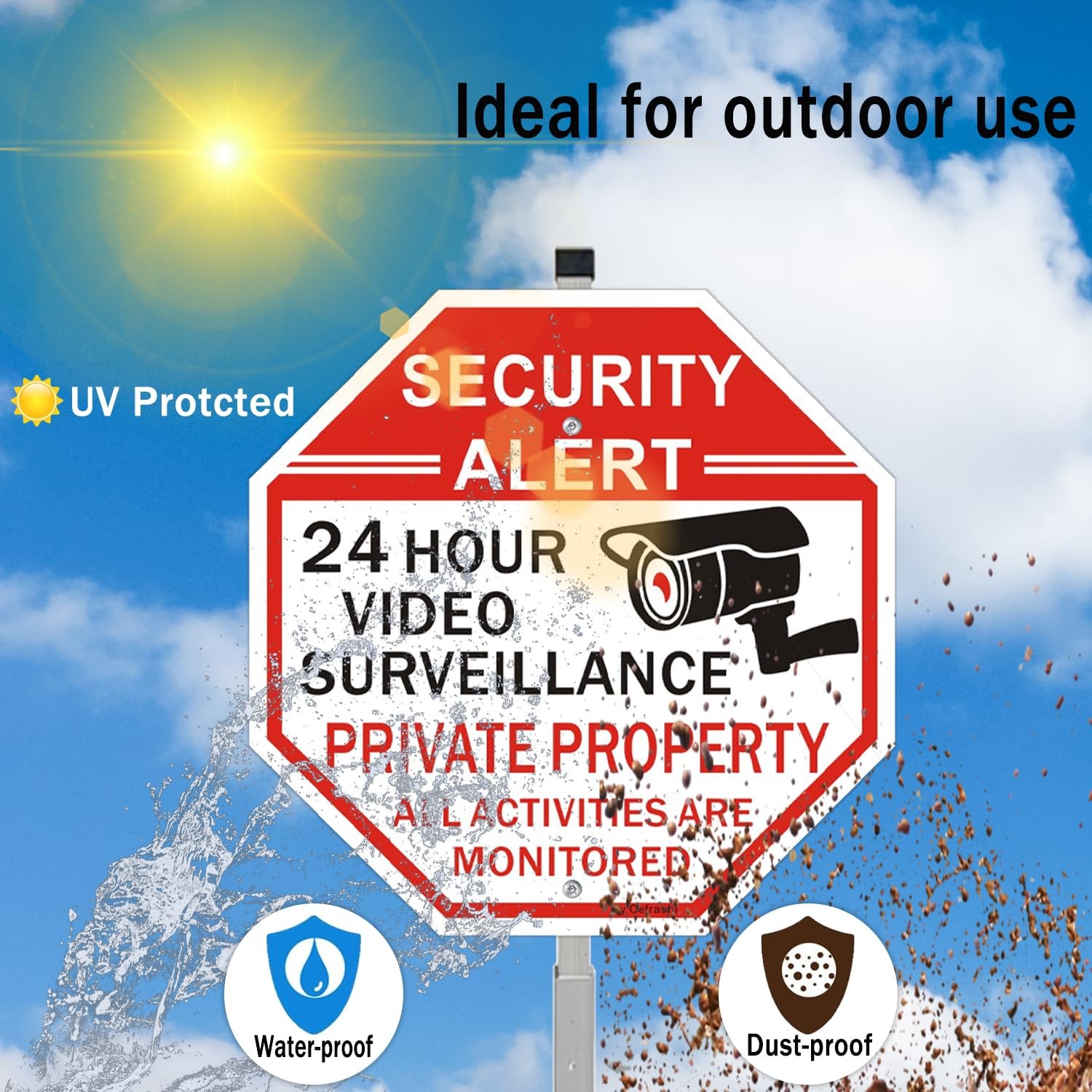 2 Pack Private Property Video Surveillance Security Sign 12×12 with 36 Stake
