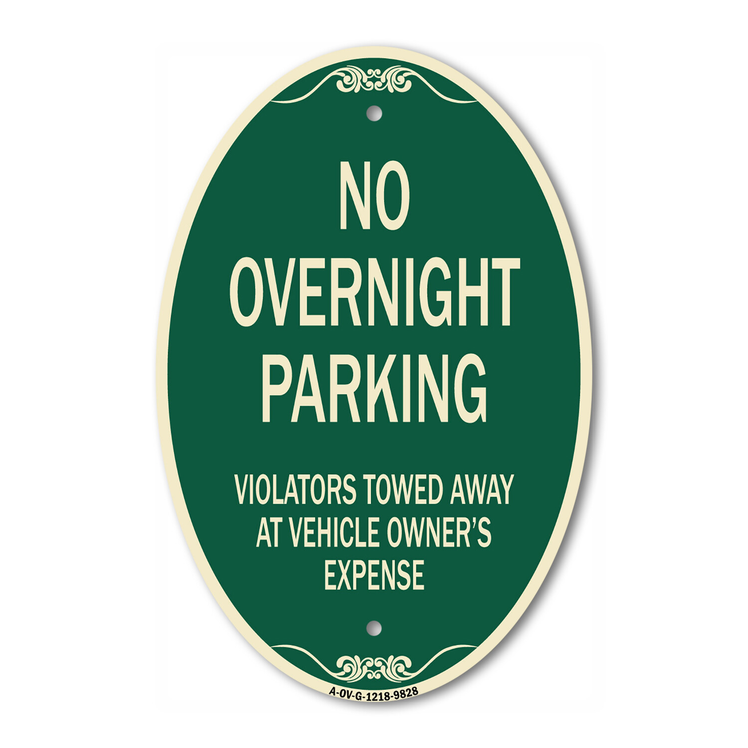 Designer Series Oval – No Overnight Parking | Green & Tan Heavy-Gauge Aluminum