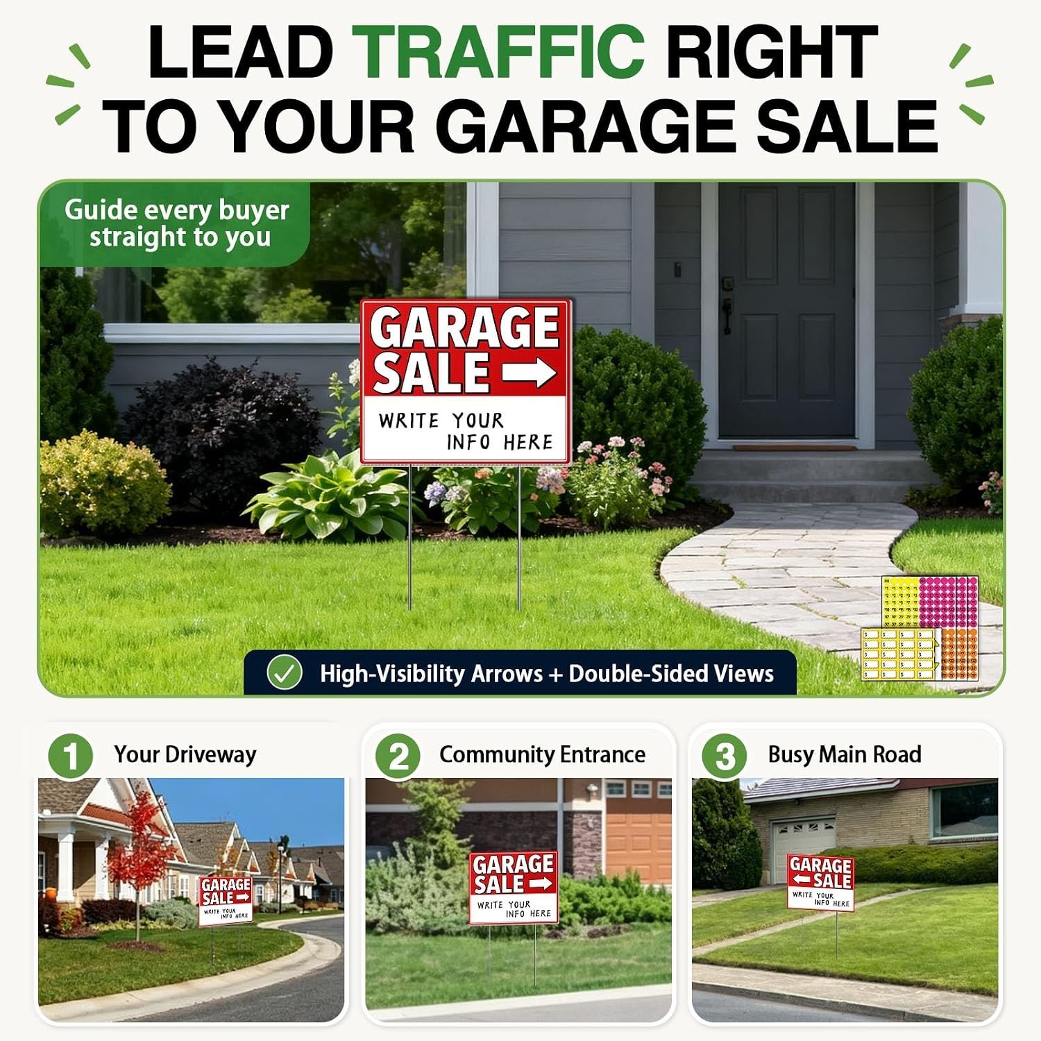 Garage Sale Signs with Stakes 3 Pack Kit – Double Sided Yard Sale Signs with …
