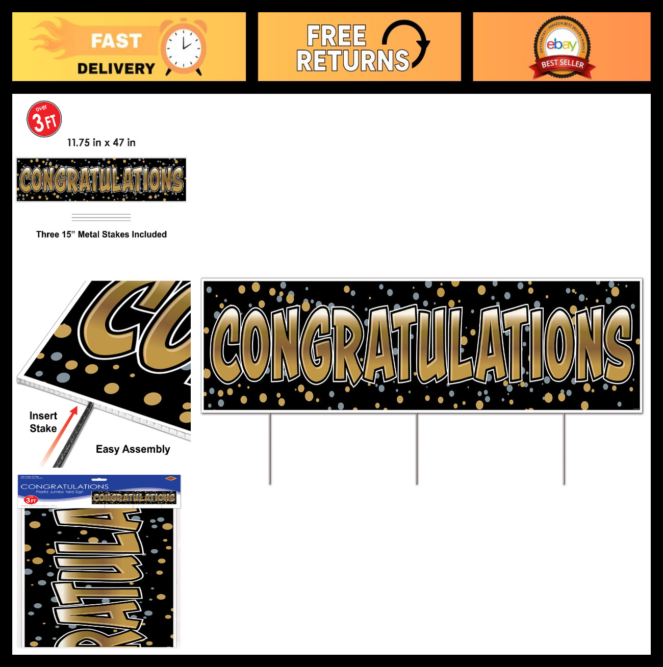 Jumbo Congratulations Yard Sign with Metal Stakes – Graduation, Baby Shower, Eng