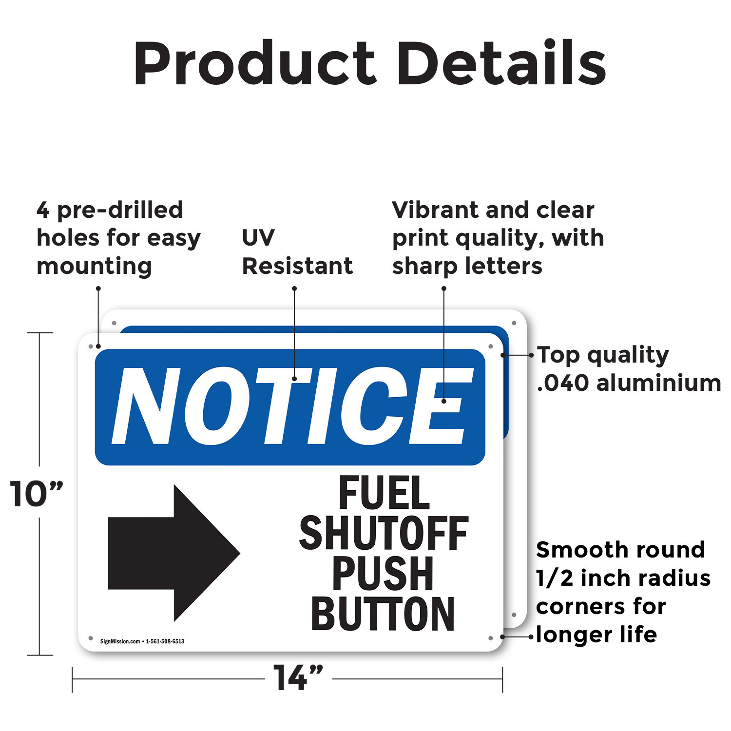 (2 Pack) Fuel Shutoff Push Button [Right Arrow] OSHA Notice Sign Decal Metal