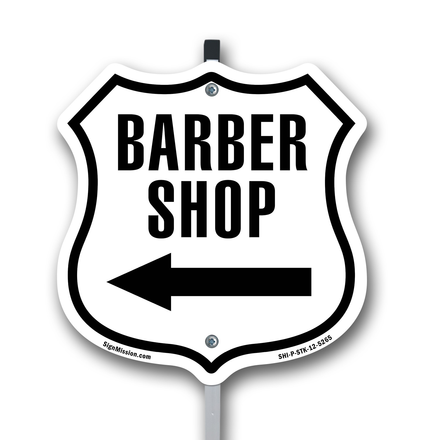 Barber Shop Left Arrow Shield Shaped Sign With Stake Crafted in the USA