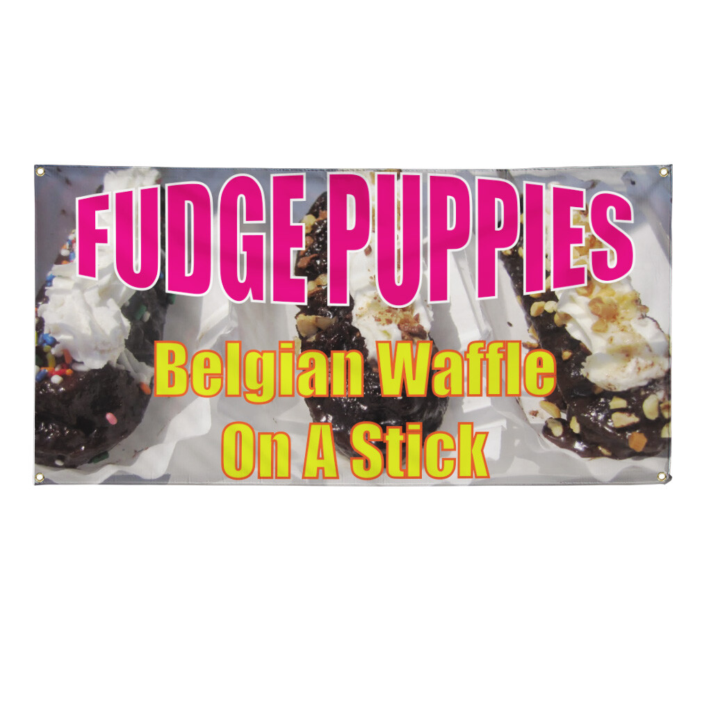 Vinyl Banner Multiple Sizes Fudge Puppies Belgian Waffles on A Stick Outdoor