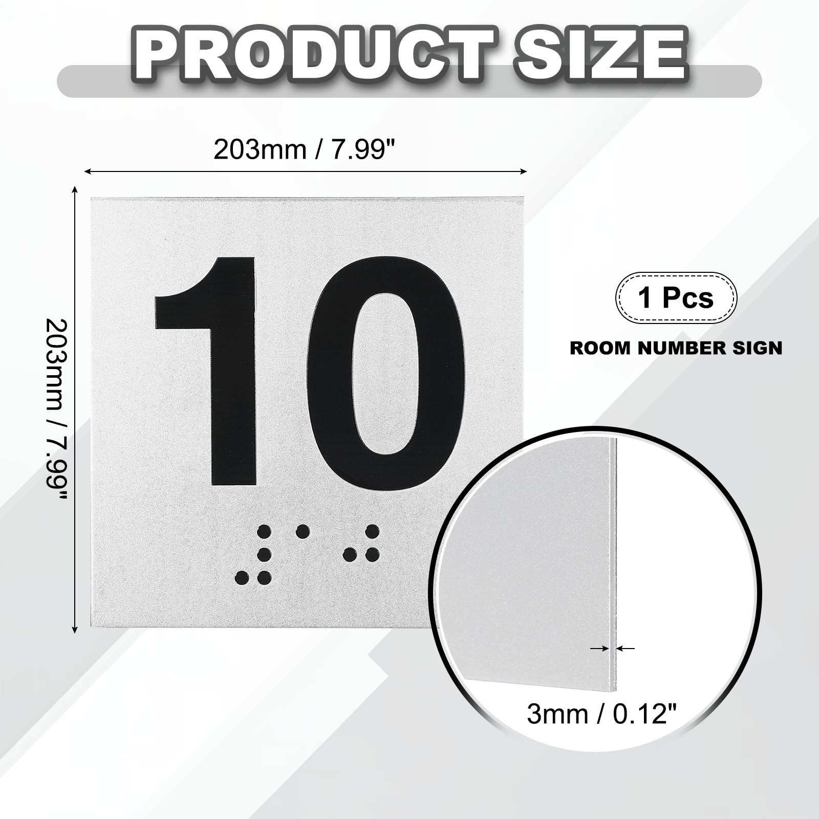 Exam Room Number Sign, 8″ x 8″ Number 10 Sign with Braille, Black on Silver