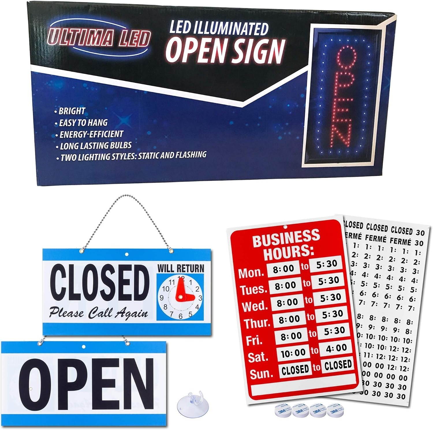 Vertical Neon-Style Open Sign with Business Hours – Easy Installation Included
