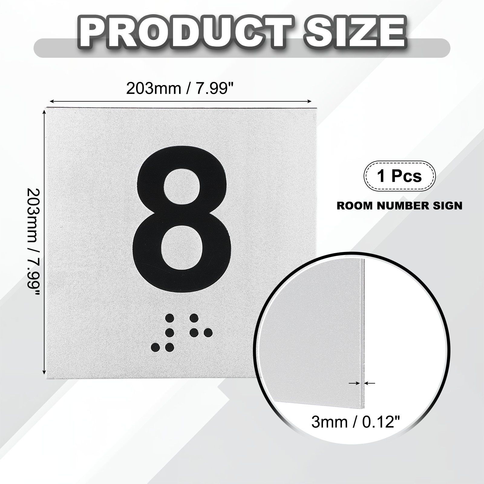 Exam Room Number Sign, 8″ x 8″ Number 8 Sign with Braille, Black on Silver