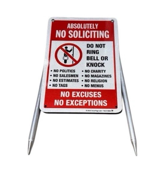 No Soliciting Sign Metal Outdoor With Yard Stakes Never Used 10”x7” Reflective