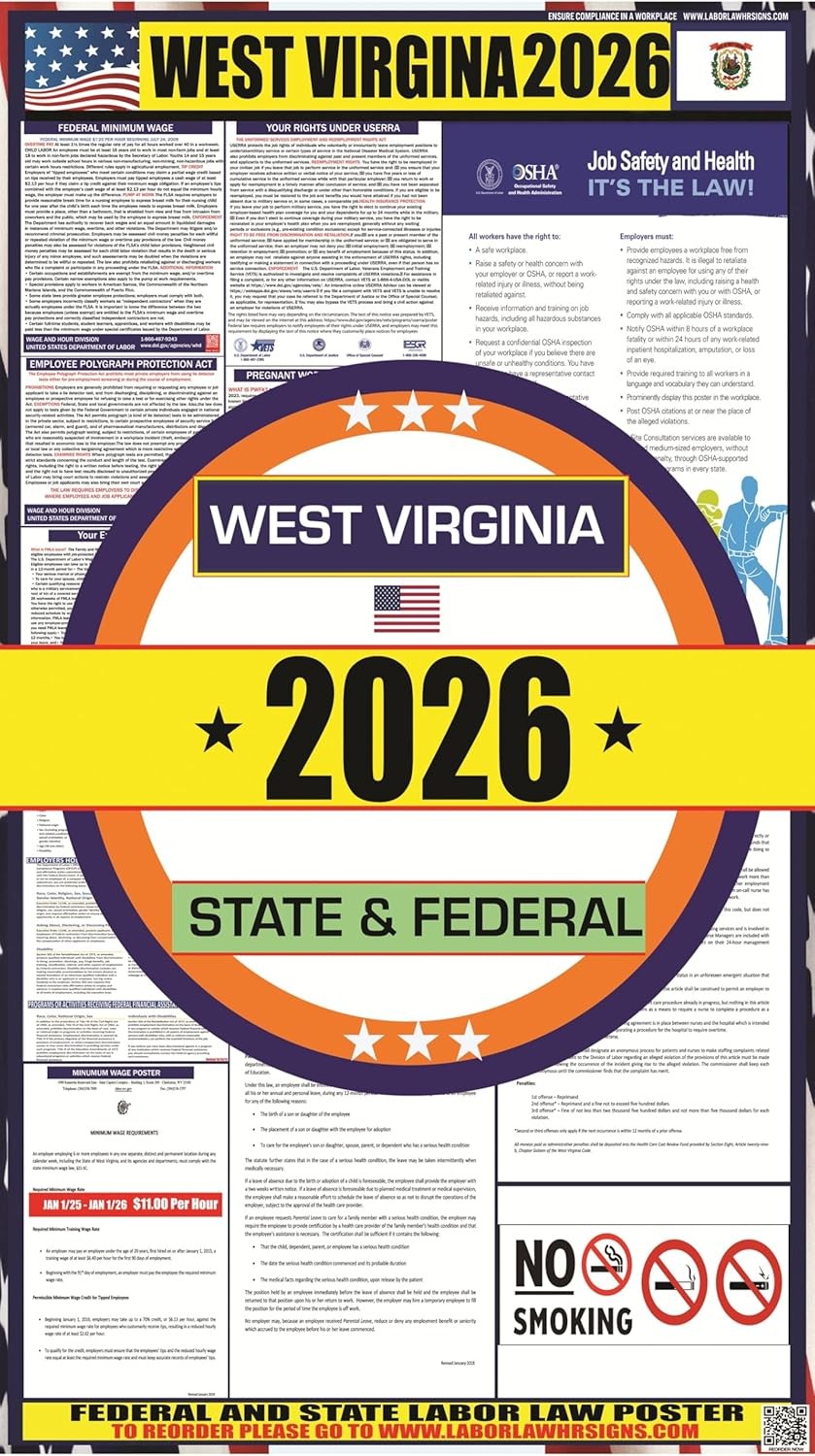 2026 West Virginia (WV) Labor Law Poster OSHA Federal State Laminated English