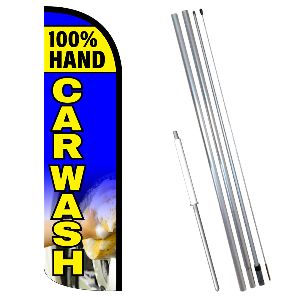 100% Hand Car Wash Premium Windless Feather Flag Bundle (Complete Kit) OR Optio