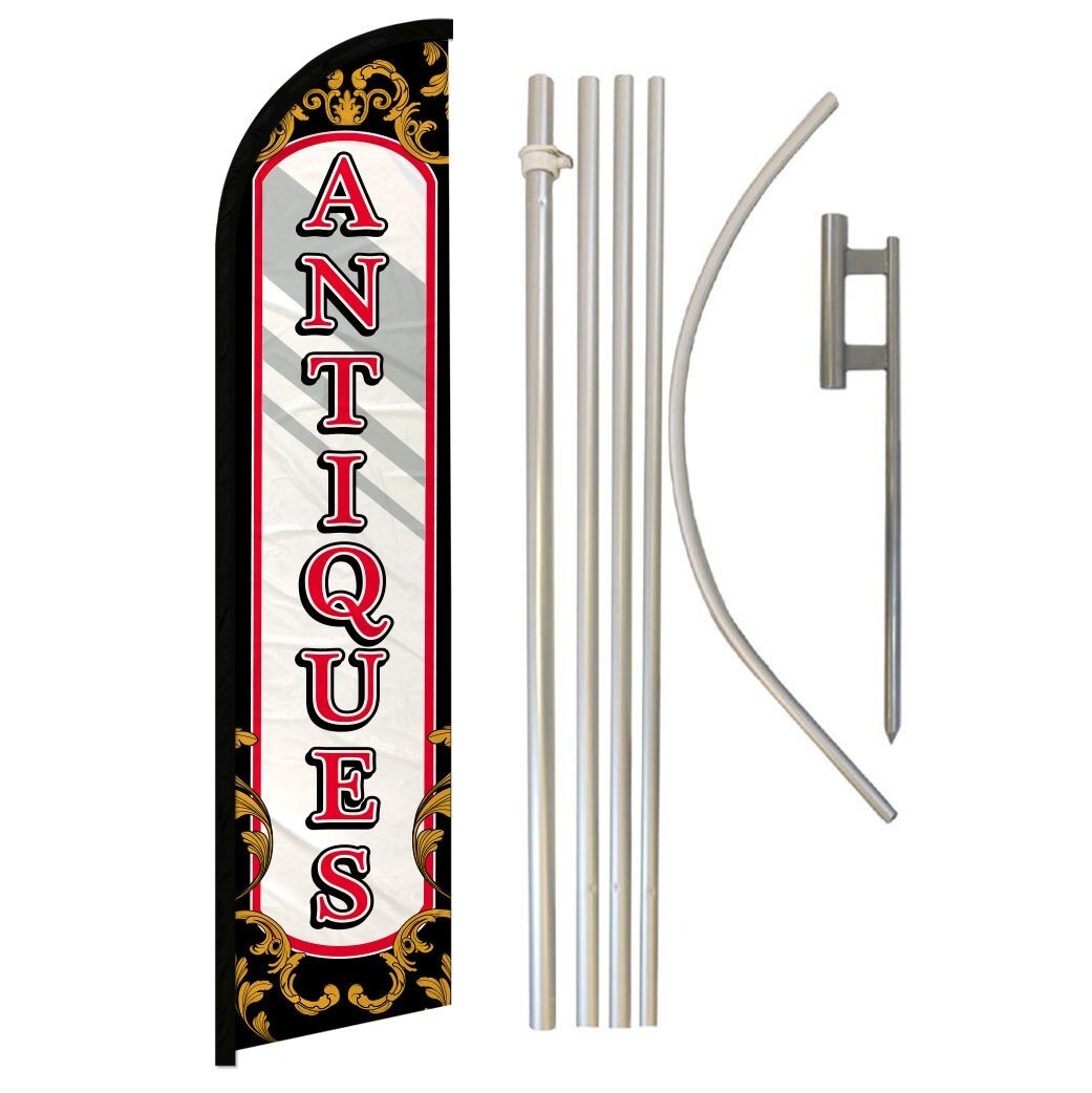 Antiques (Mirror) Windless Banner Swooper Advertising Flag Pole Kit Thrift Store